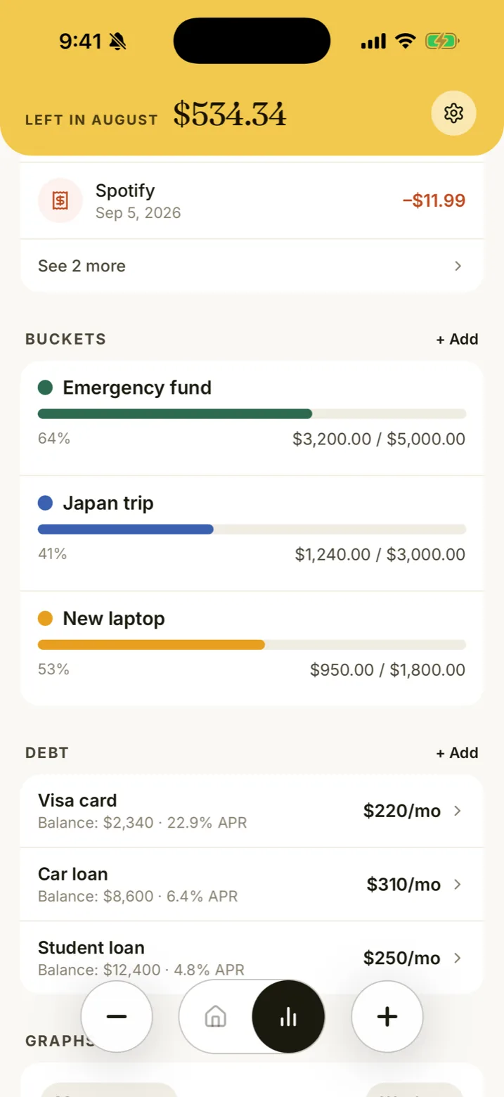 Pantalla de Sobres con metas de ahorro para un fondo de emergencia, un viaje y una laptop