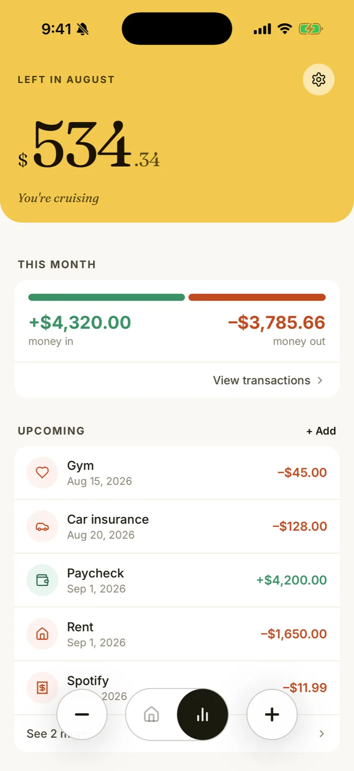 Pantalla de resumen de RiceBowl mostrando el dinero que entra, el dinero que sale y las próximas cuentas